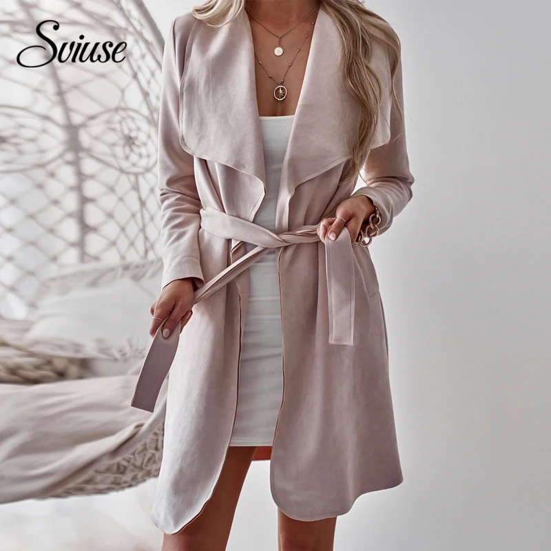 Women Pink Wool Coat Autumn Winter Long Sleeve Turn down Collar Belt