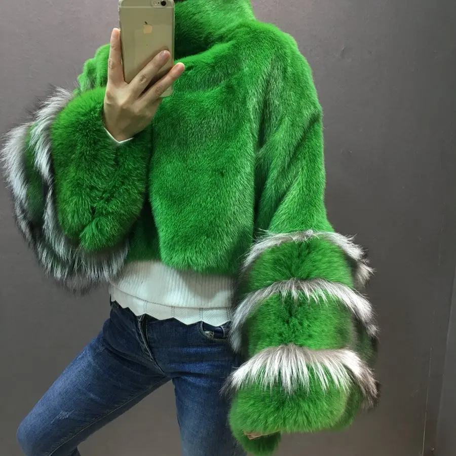 100% natural mink fur poncho with fox fur sleeve (5)