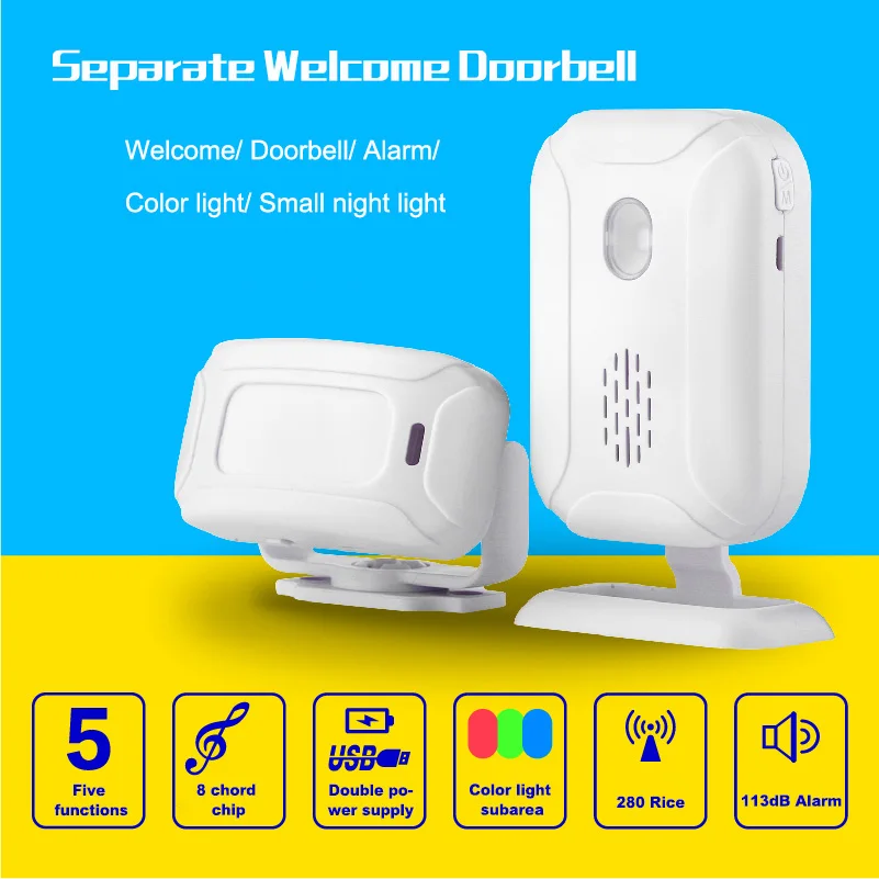 

Alarm Welcome IR Infrared Motion Sensor Doorbell Detection Distance Chime Radio Distance Reach 280 Meters Home Shop Door Bell