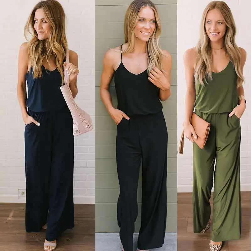 Green Solid Wide Leg Cami Jumpsuit Women Mid Waist Full Length Spaghetti Strap Skinny Summer High Street Sexy Bodysuit Mujer | Женская