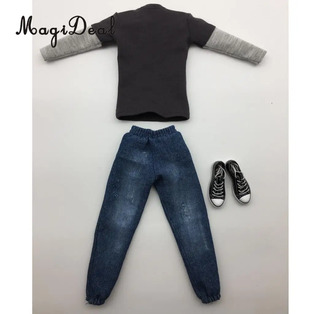 MagiDeal Cloth 1/6 Scale Mens Clothes Dark Gray Long T-shirt Denim Jeans Canvas Shoes Set for 12 Inch Male Action Figures Body