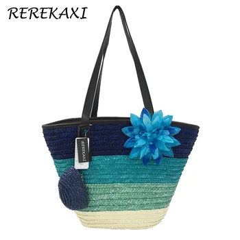 

Summer Knitted Straw Bag Wheat Pole Weaving Women's Handbags Flower Bohemia Shoulder Bags Female Beach Bag Large Capacity Tote