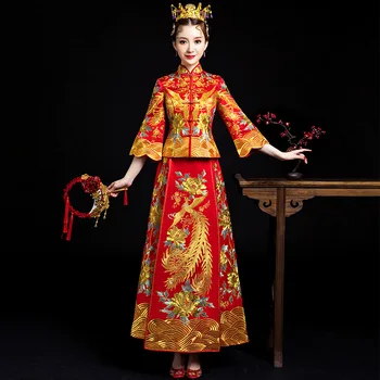 

Exquisite Women Phoenix&Flower Cheongsam Traditional Chinese Bride Wedding Qipao Noble Red Embroidery Dress Girl Marriage Gift