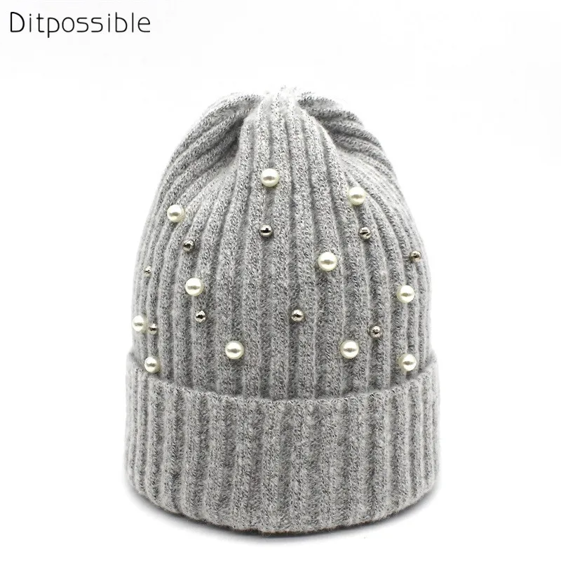 Женская вязаная шапка Ditpossible с жемчугом на весну осень зиму|skullies women|women fashion hatswomen