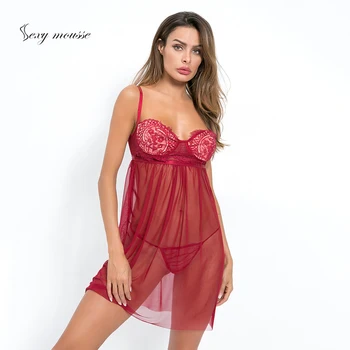 

Sexy mousse sleepwear fun nightdress perspective sling skirt transparent pajamas in Women's lace robe night set home dress sloth