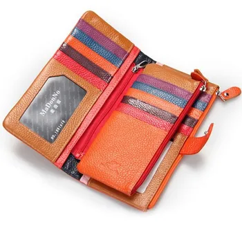 

Genuine Leather Women Wallet Colorful Stitching Leather Purse Brand Zipper Design Clutch Wallet Handbag Fashion Credit Card Slot