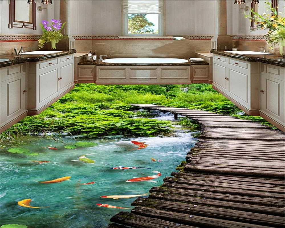 beibehang Classic aesthetic underwater world carp waterproof self - adhesive 3d flooring oil painting wallpaper papel de parede