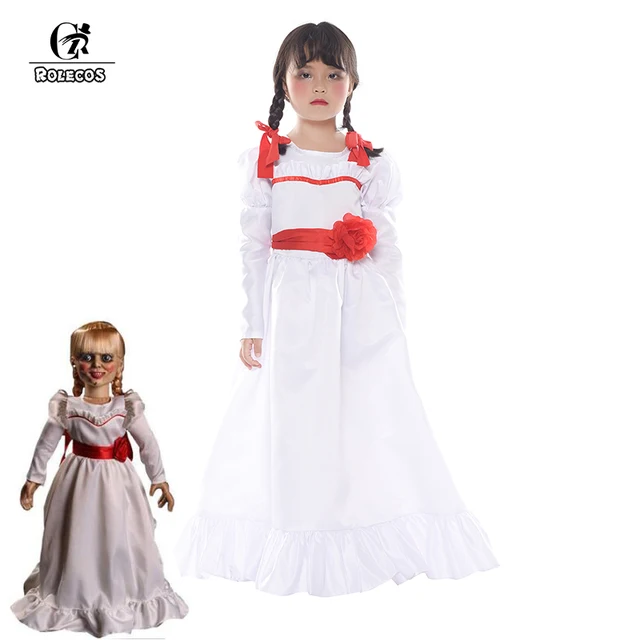 rolecos movie annabelle cosplay costume white dress doll halloween cosplay costume for girl kid lolita dress