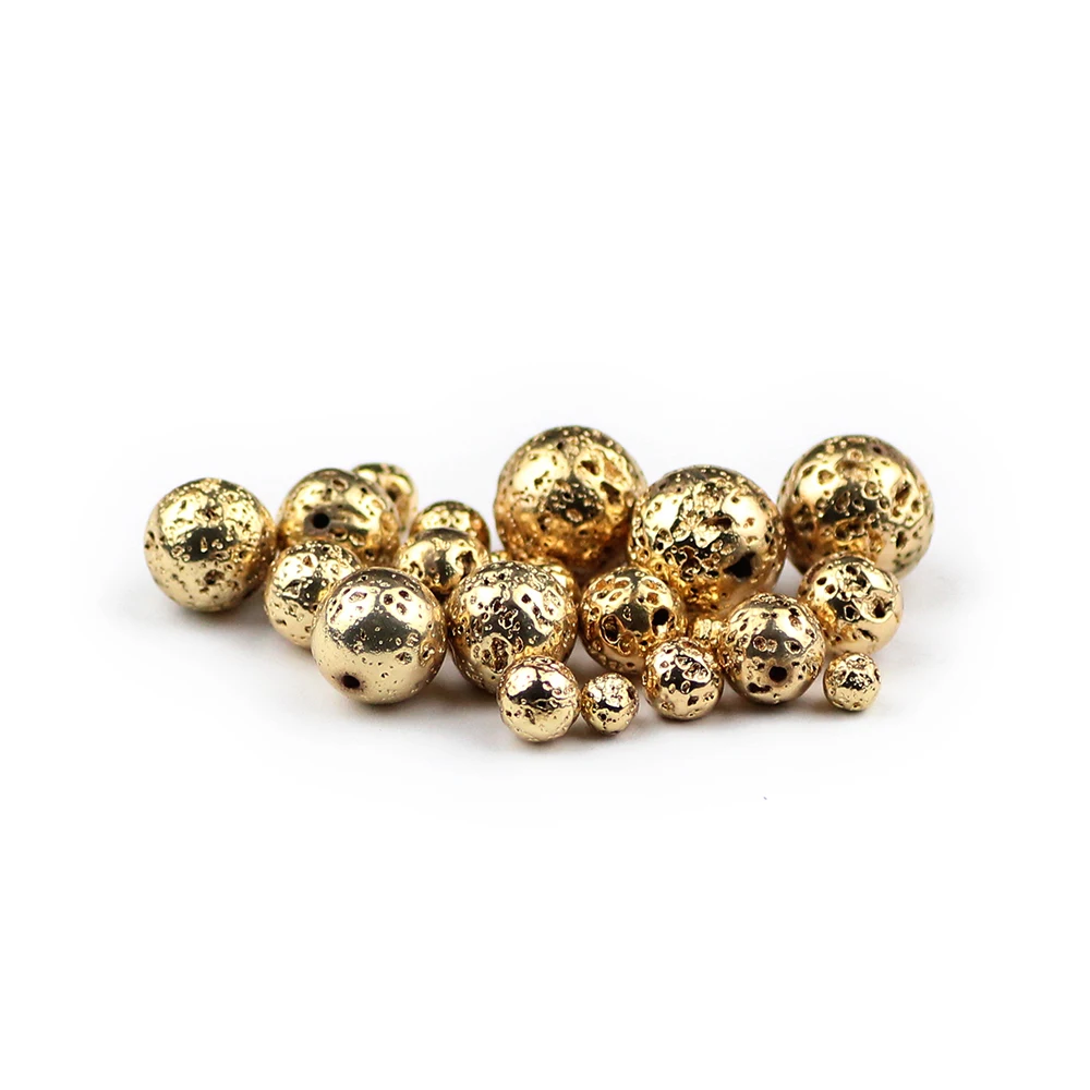 Natural Stone Beads 14 Gold Color Lava Stone 4 6 8 10 12mm Round Ball For Jewelry Accessories Making Bracelet