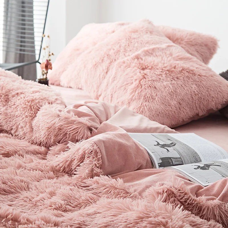 Pink White Fleece Fabric Winter Thick 20 Pure Color Bedding Set