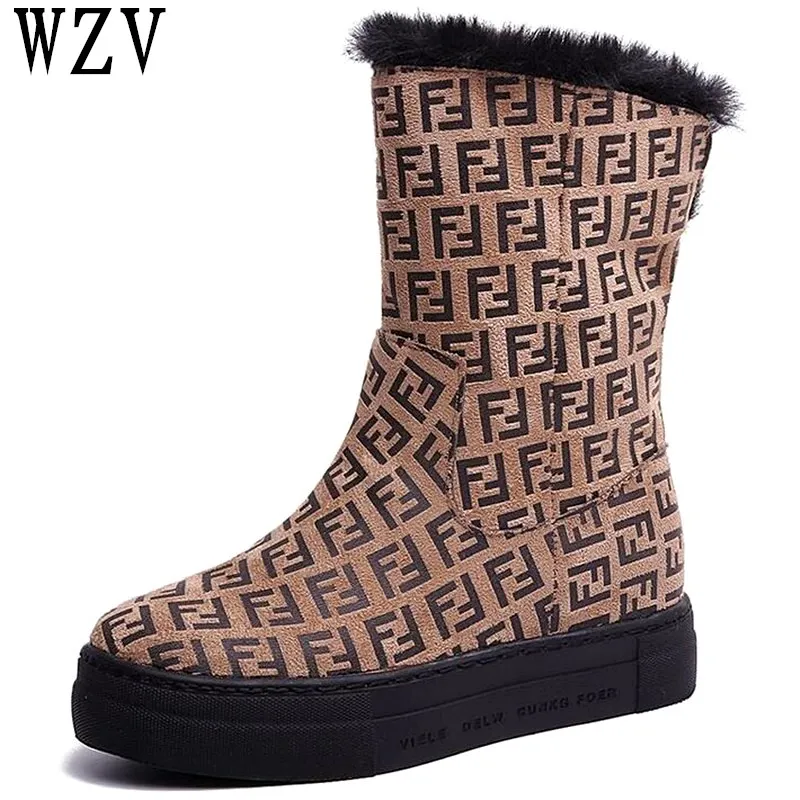 

2018 fashion Leopard letters mid-calf boots women plush snow boots round toe winter female flats botas femininas de inverno E500