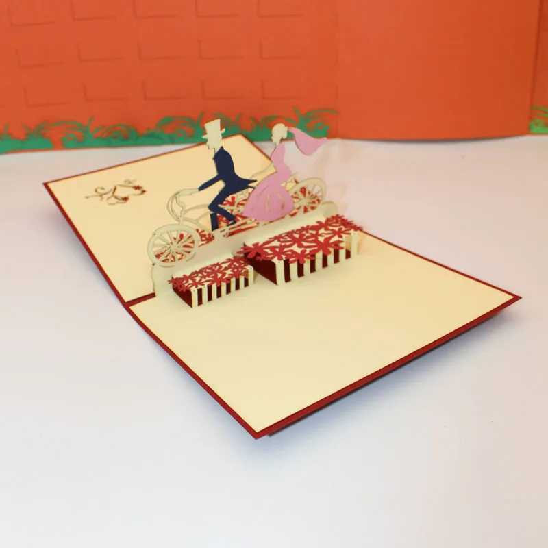  3D Handmade Carving Cycling Bride and Groom Paper Invitation Greeting Cards Wedding Engagement Vale - 32840468469
