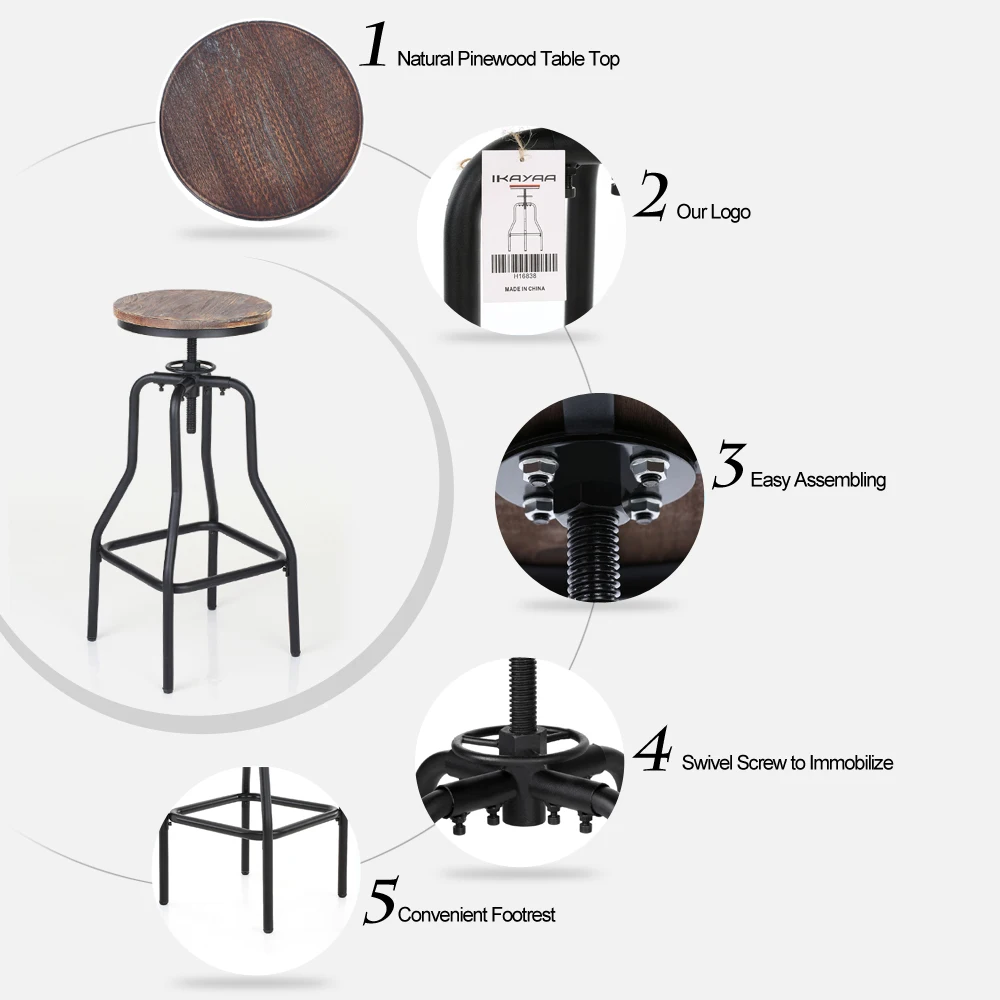 iKayaa Bar Stool Industrial Style Furniture Bar Chair Swivel Bar Stool Natural Pinewood Top Kitchen Dining Breakfast Chair