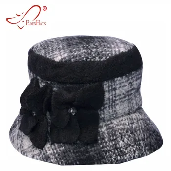 

Ladies Winter Woolen Plaid Bucket Hat with Flower W10-3198