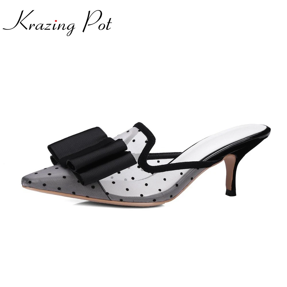 

Krazing Pot genuine leather stiletto thin high heels mules concise pointed toe lace bowtie sandals preppy style summer shoes Lf2