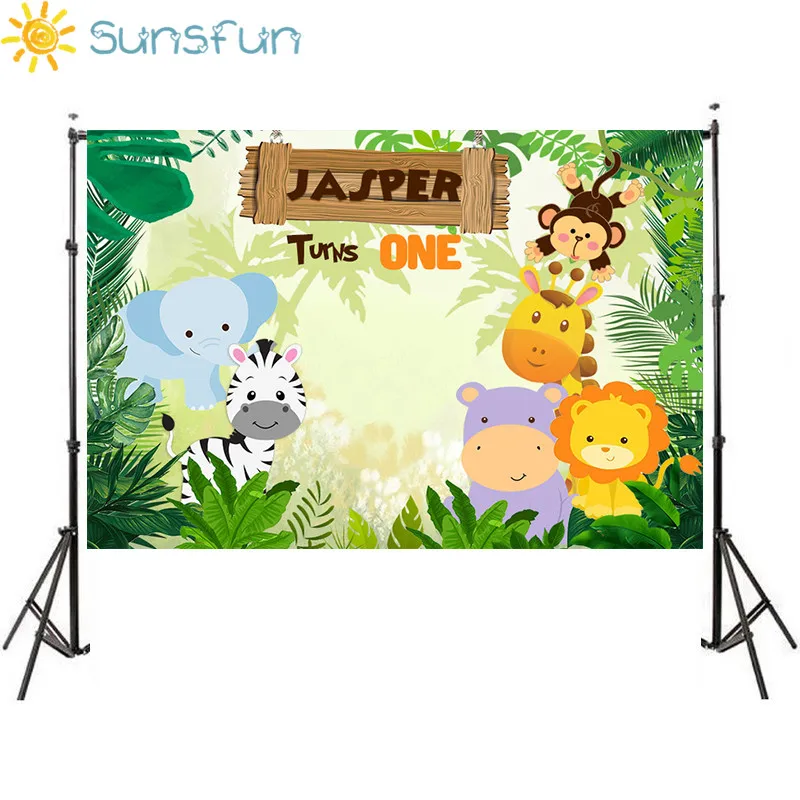 

Sunsfun Happy Birthday Backdrop with Jungle Animals Cartoon Style Party Decoration Photography Studio Funds 150x90cm