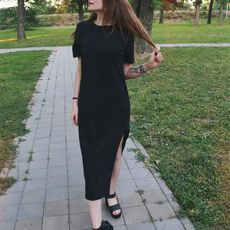 

Fashion 2019 Summer Women Elegant Casual Maxi Dress Loose Vintage Black T Shirt Dress Vestidos Short Sleeve Beach Sundress