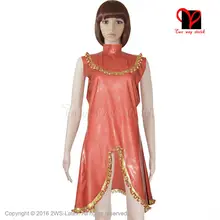 Сексуальное коричневое Золотое латексное резиновое платье без рукавов плиссированная отделка Playsuit Bodycon swing flares щелевая XXXL плюс размер QZ-030