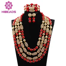 African Red Beaded Statement Necklace Set Wedding Nigerian Jewelry Set for Party New Free Shipping CNR780