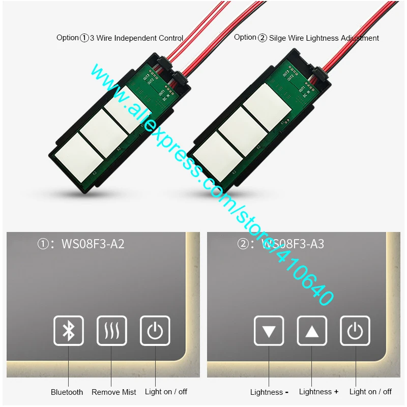 

1 Piece THREE KEY LED Mirror Touch Sensor Switch with Optional Functions of Brightness Adjustment or Bluetooth or Mist Removing