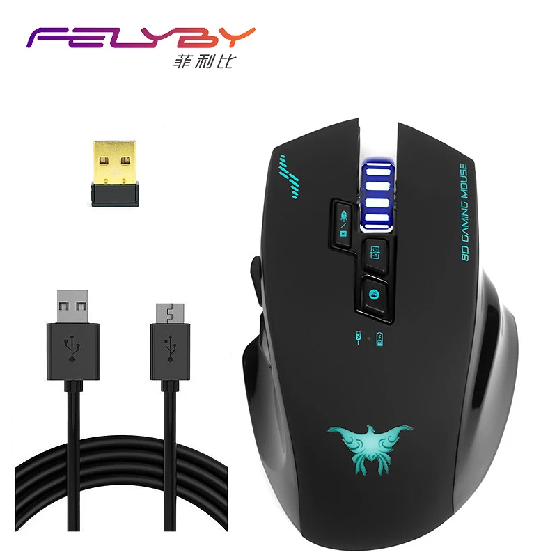 

FELYBY Adjustable 2400DPI 8 Button 2.4Ghz Wireless Wired Rechargeable Gaming Mouse Gamer Optical Mice for Computer Laptop