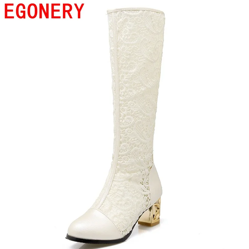 

EGONERY hollow out knee-high sexy women boots PU sexy lace after the zipper high heels big size round toe women spring boots