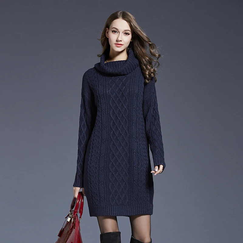 

Women long Seelve Kitted Sweater Dresses Turtleneck Pile Collar Coarse Thread Sweater Twisted Crochet Maxi Autumn Warm Clothes