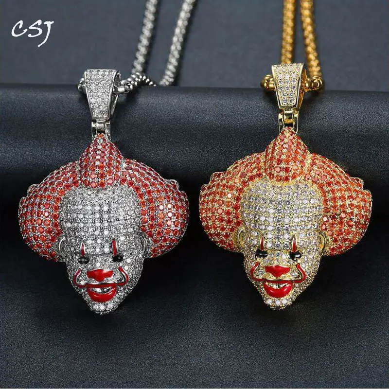 

CSJ Hip Hop Clown Necklace Pendant Iced Out CZ Pendant Gold Silver Color Charm Hip Hop/Punk Jewelry Gift