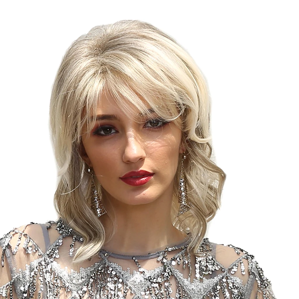 

16inch Women Graceful Blonde Curly Wig Retro Style Wavy Cosplay Human Hair Wig