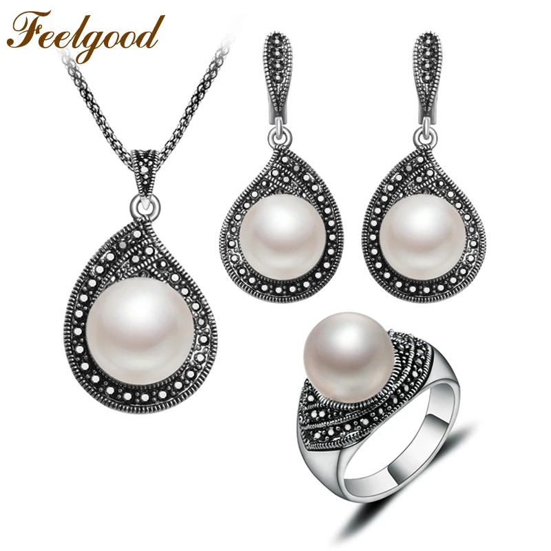 

Feelgood Jewellery Vintage Silver Color Water Drop Necklace Sets Black Crystal And Imitation Pearl Jewelry Set For Women Gift