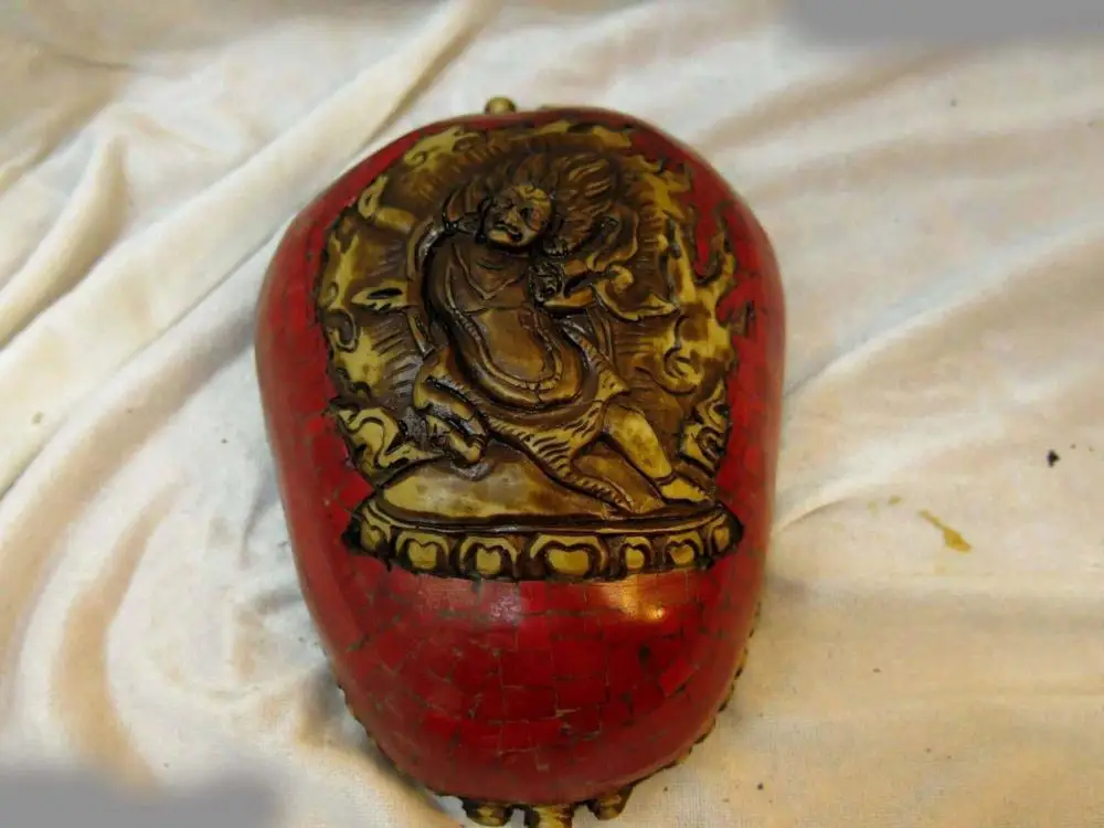 

Tibet resin inlay tophus carved Buddhism Vajrapani buddha bowl Sculpture Statue