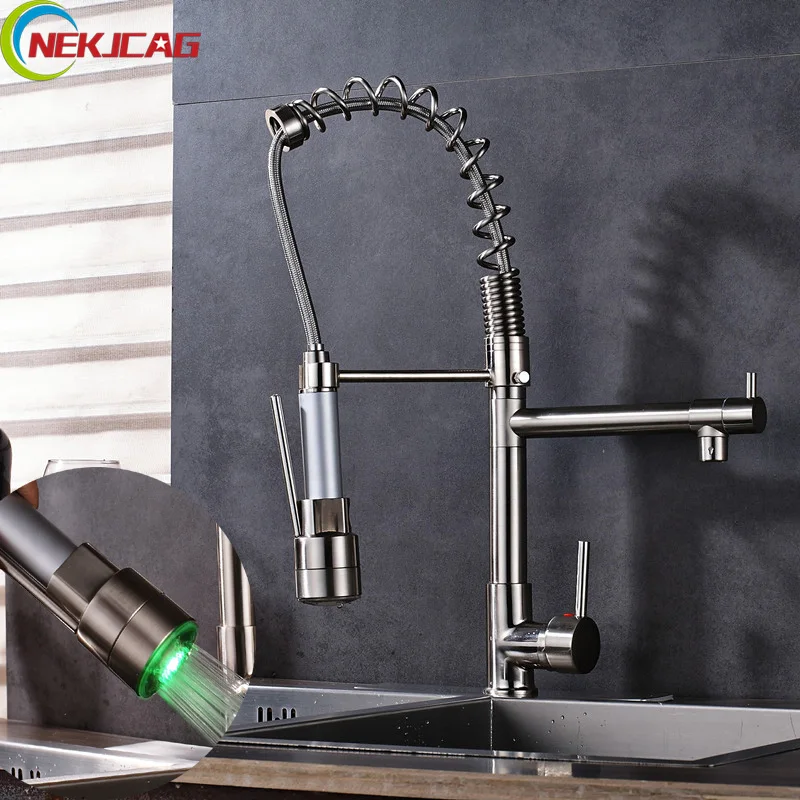 

Brushed Led Rotation Spring Faucet Deck Mounted Pull Down Kitchen Sink Faucet Mixer Tap with Sprayer