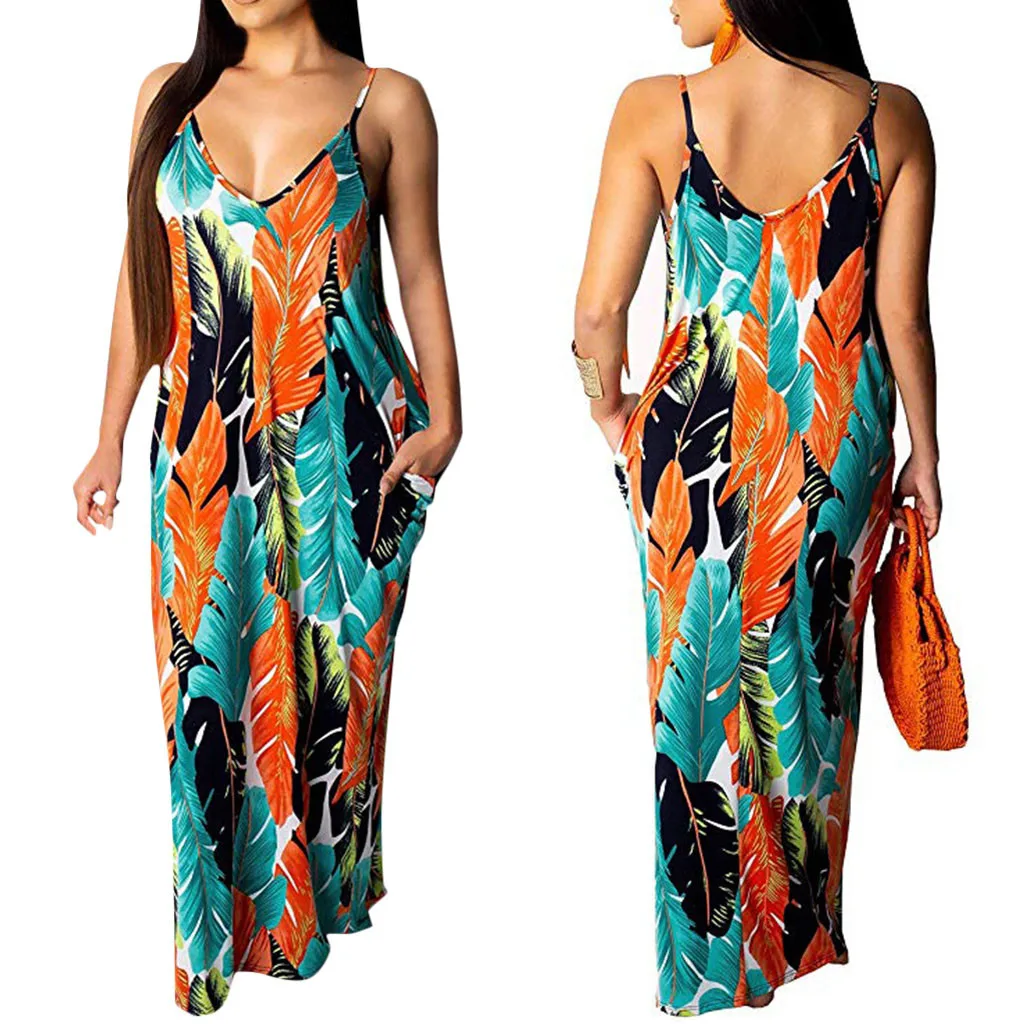 

Sling Backless Tropical Printing Women's Summer Casual V Neck Long Party Dresses Bohemian Style Ladies Sleeveless Long Dresses