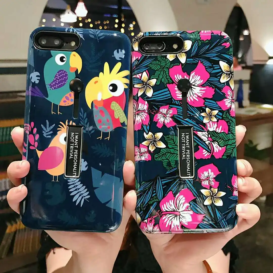 

Hide Stand Holder Phone Case for iPhone 6 6s 7 8 Plus Oil painted cover for iPhone X XS XS XS Max flowers bird TPU PC Back Case