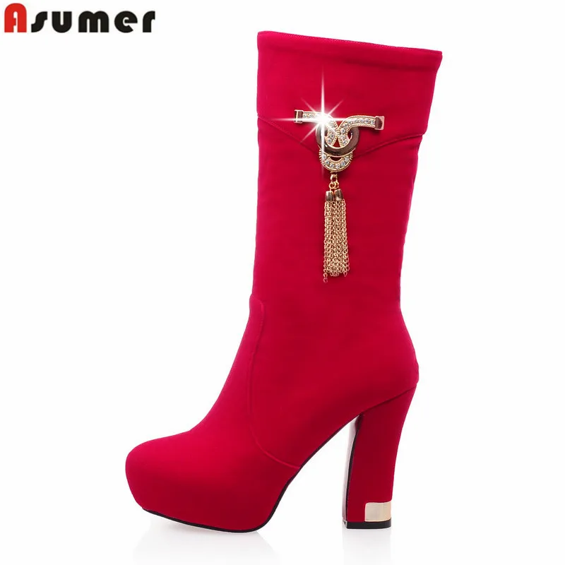 

New arrive sexy women shoes fashion round toe thick high heels mid calf boots slip on platform plus size 32-42 winter boots