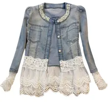 Новинка, джинсовая женская куртка, Casacos Feminino, тонкая, кружевная, из кусков, с бисером, джинсовая, женская, элегантная, винтажная, куртка, пальто, Прямая поставка, WWJ084