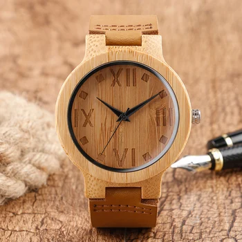 

Genuine Leather Luxury Casual Analog Nature Wood Simple Big Number Roman Number Bamboo Wood Men Wrist Watch Vintage Style Gift