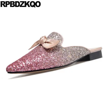 

Glitter Mules Bow Wedding Rose Gold Flat Bling Designer Sandals Women Luxury 2018 Closed Shoes Slides Paillette Slippers Sequin