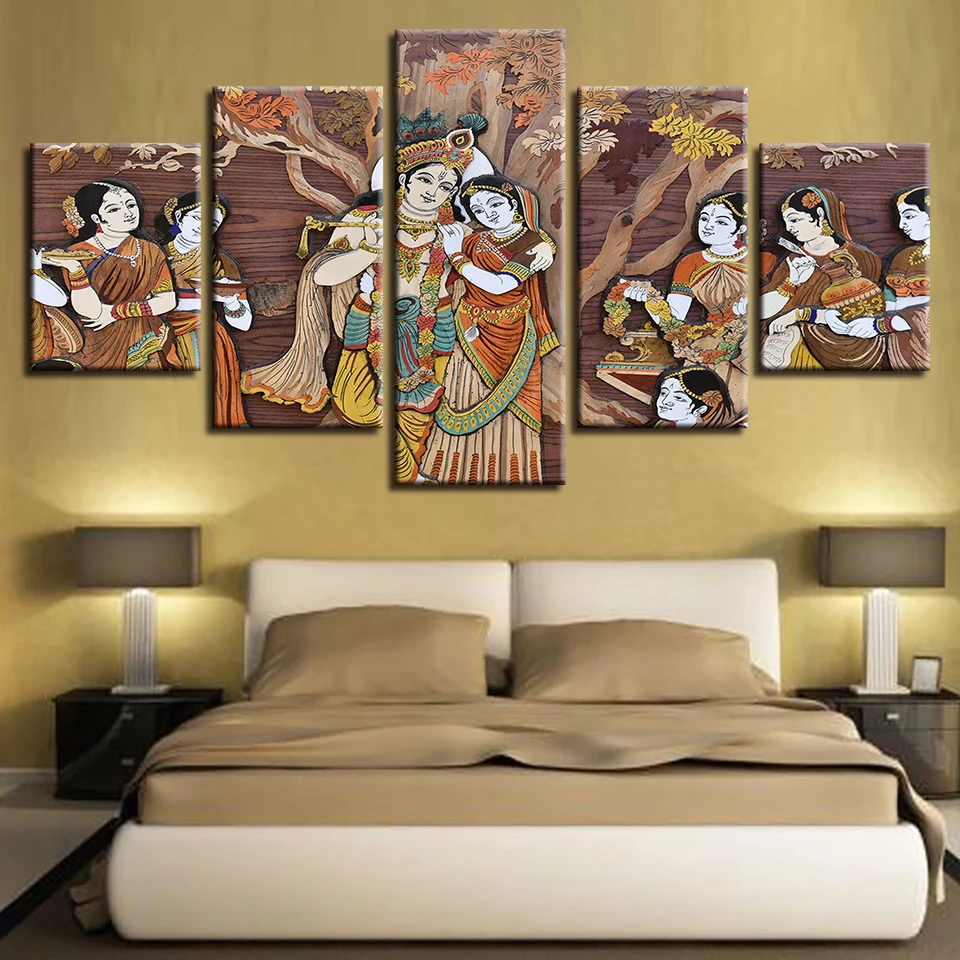 

Modular Posters HD Prints Home Decor For Living Room 5 Pieces Krishna And Radharani Canvas Paintings Wall Art Pictures Framework