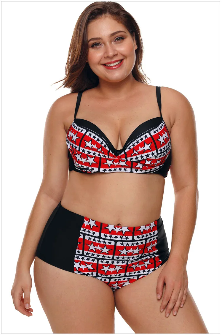 Women Plus Size Black White Stars Print Bikini Swimsuit