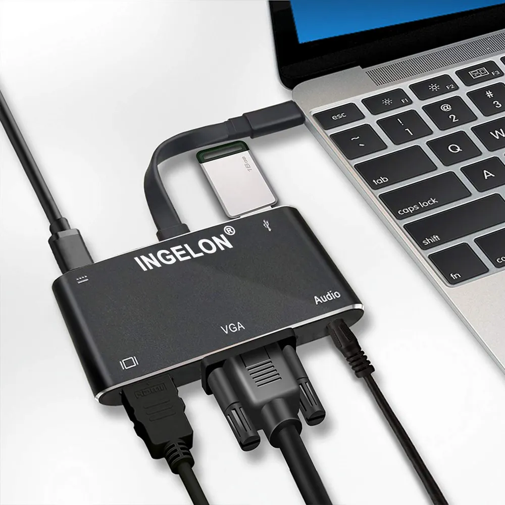 Ingelon USB C To HDMI Converter USB 3.0 5 in 1 Adapter Type C to PD+HDMI 4K Ultra HD +VGA+Audio Converters for HDTV & Projector (4)