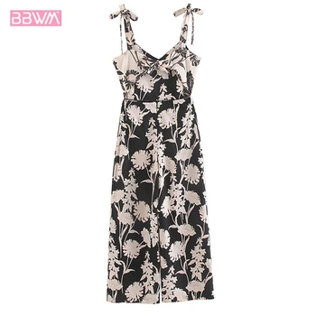 

Women's jumpsuit high waist loose wide leg trousers national style retro floral print halter strap female jumpsuit Casual atmosp