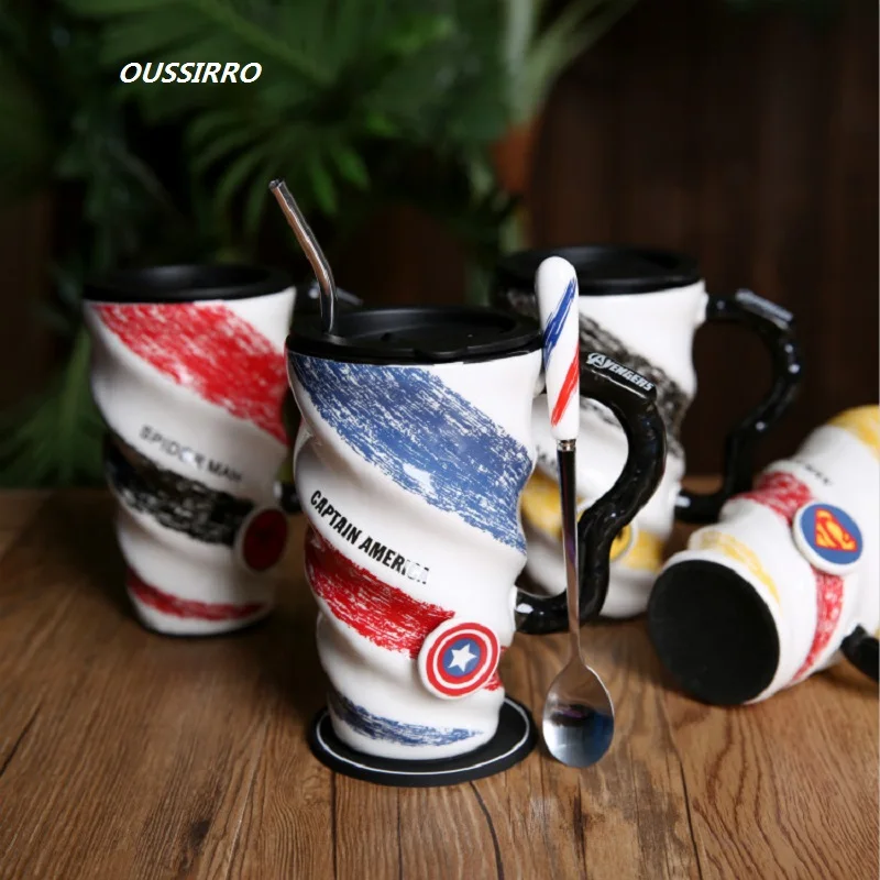 

OUSSIRRO Super Hero Avenger Justice League Theme Milk / Coffee Mugs With Cover and Spoon Pure Color Mugs Cup Kitchen Tool Gift