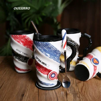 

OUSSIRRO Super Hero Avenger Justice League Theme Milk / Coffee Mugs With Cover and Spoon Pure Color Mugs Cup Kitchen Tool Gift