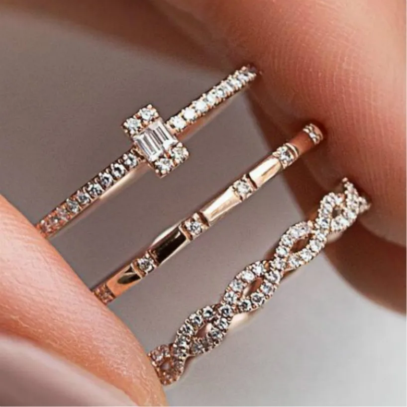 

3Pcs/Set Fashion Geometry Intersect Crystal Rings Set For Women Girls Engagement Wedding Rings Female Party Jewelry Gifts