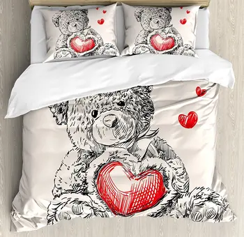 

Doodle Duvet Cover Set Detailed Teddy Bear Drawing with Heart Instead of a Belly Mini Floating Hearts 4 Piece Bedding Set