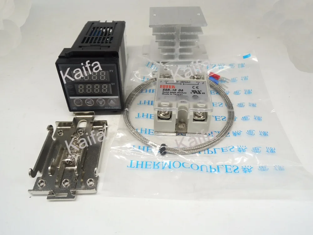 

DigitalPIDTemperature Controller Thermostat REX-C100 + 1M K Thermocouple Probe+SSR10DA+ Radiator+Protective Covers + clip clamp