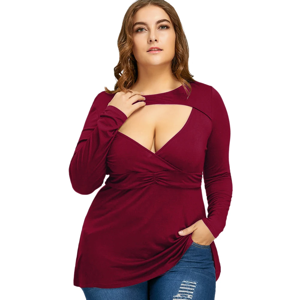 Kenancy Women T Shirt Sexy Empire Waist Plus Size Triangle Cut Out T