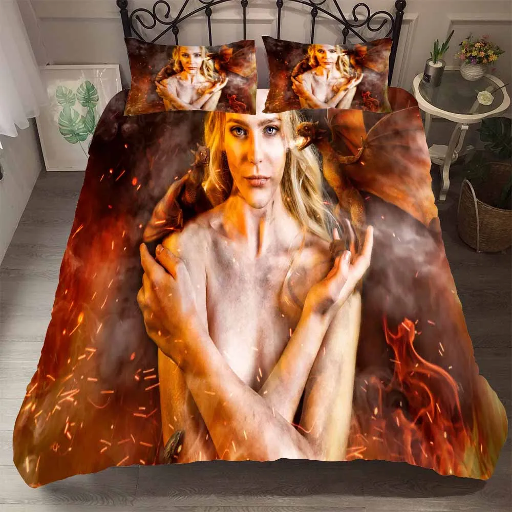 

Game of Thrones Duvet Cover Set 3D Daenerys Targaryen Born in the Fire Printed Microfiber Gold Bedding Set 3 Piece+2 Pillowcase