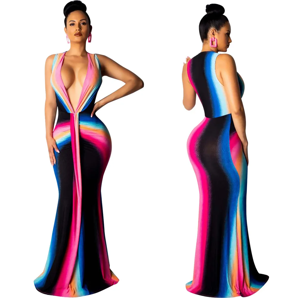 

2019 women rainbow tie dyed deep print sexy v-neck floor length mermaid dress maxi bodycon club nigth party long dresses 9115